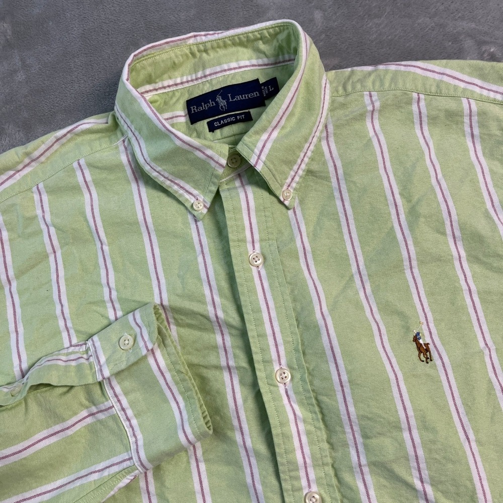 Ralph Lauren Classic Fit Mens Large Green White Striped Button Shirt Flesh Pony